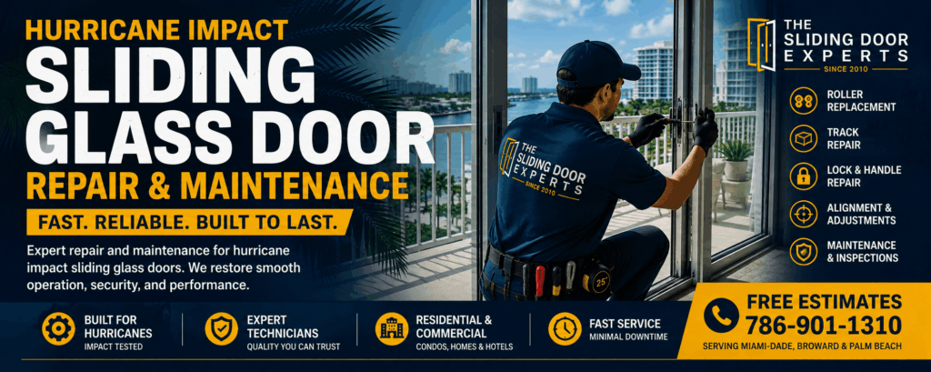 Technician performing hurricane impact sliding glass door repair and maintenance in South Florida