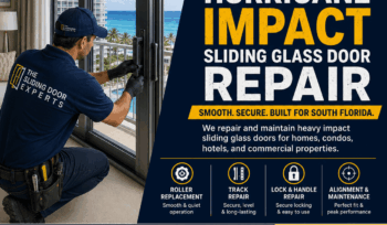 Technician performing hurricane impact sliding glass door repair at a South Florida property