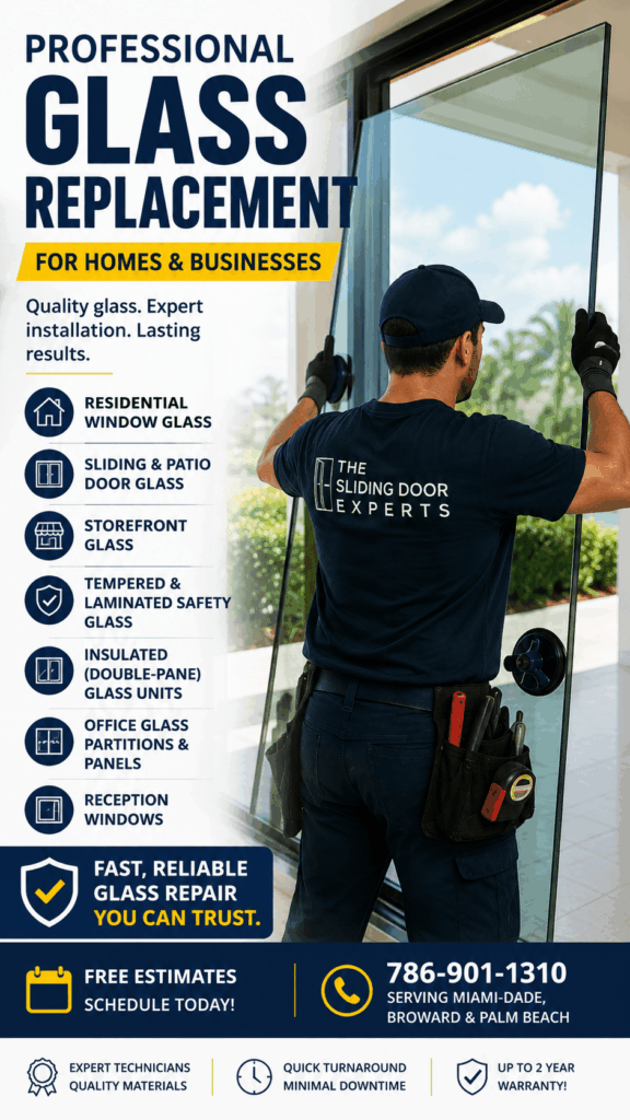 Technician installing replacement glass in a sliding glass door for residential and commercial glass replacement services in Miami, Broward, and Palm Beach County.