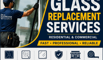 Technician replacing window glass for residential and commercial glass replacement services in Miami-Dade, Broward, and Palm Beach Counties.