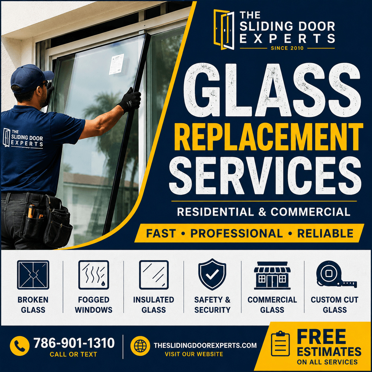 Technician replacing window glass for residential and commercial glass replacement services in Miami-Dade, Broward, and Palm Beach Counties.