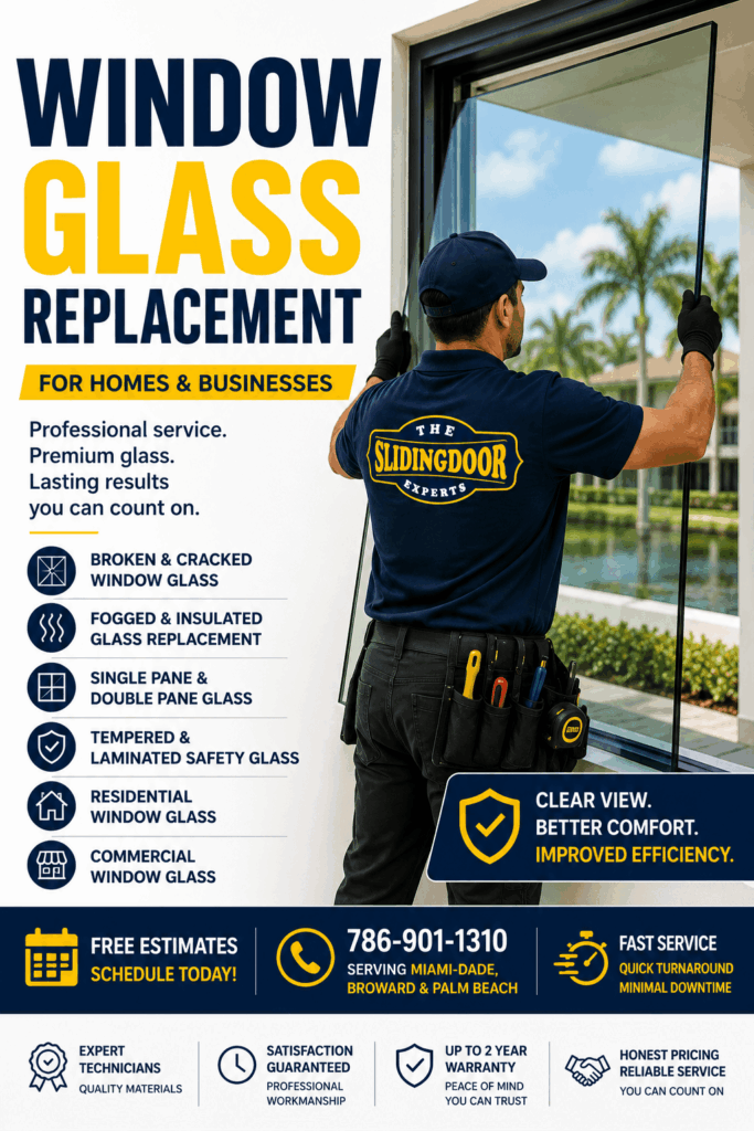 Professional technician replacing a residential window glass panel during a window glass replacement service in South Florida.