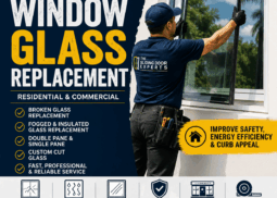 Technician replacing a residential window glass panel during a professional window glass replacement service in South Florida.