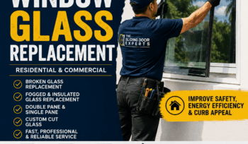 Technician replacing a residential window glass panel during a professional window glass replacement service in South Florida.