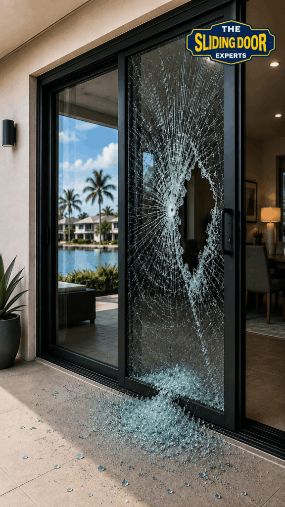 Broken sliding glass door with shattered glass in South Florida