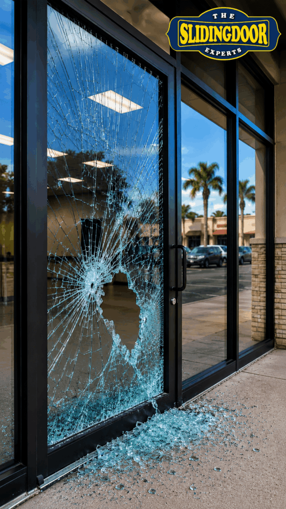 Broken storefront glass requiring commercial glass repair and replacement in South Florida