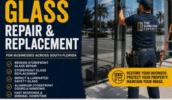 Commercial storefront glass repair and replacement technician installing a new storefront glass panel for a business in South Florida.