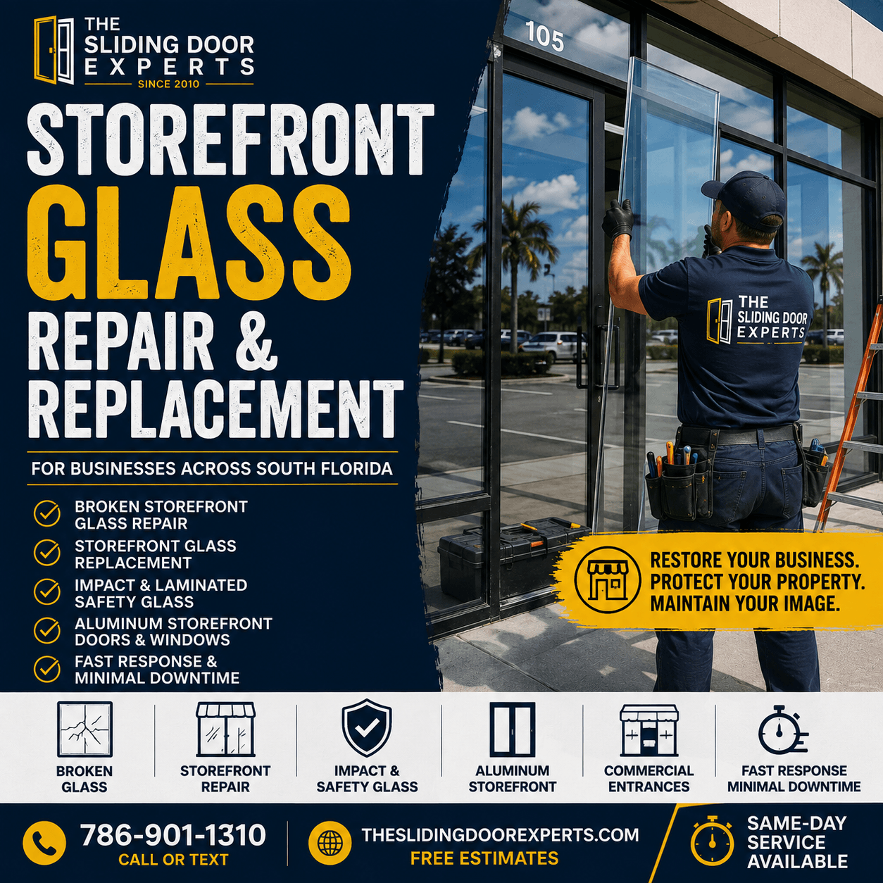 Commercial storefront glass repair and replacement technician installing a new storefront glass panel for a business in South Florida.