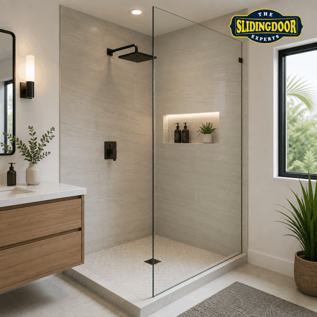 Custom fixed shower glass panel installed in a modern walk-in shower by The Sliding Door Experts in South Florida.