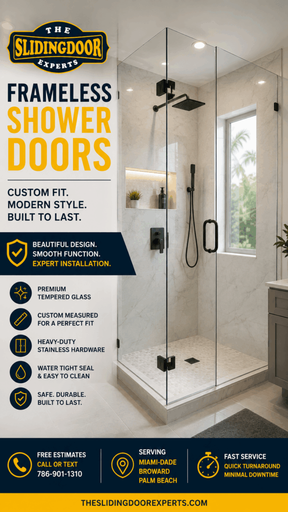 Custom frameless shower door with tempered glass professionally installed in a modern bathroom in South Florida.