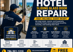 Hotel sliding glass door repair technician servicing a balcony door at a South Florida hospitality property.