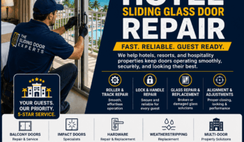 Hotel sliding glass door repair technician servicing a balcony door at a South Florida hospitality property.