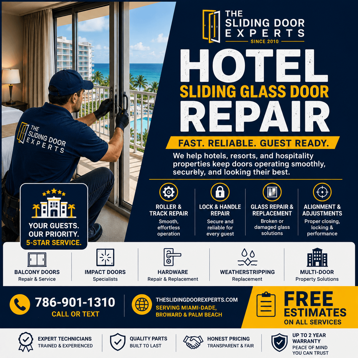 Hotel sliding glass door repair technician servicing a balcony door at a South Florida hospitality property.