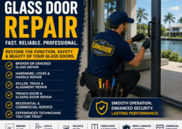 Professional glass door repair technician servicing a glass door in South Florida