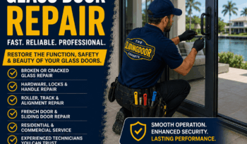 Professional glass door repair technician servicing a glass door in South Florida