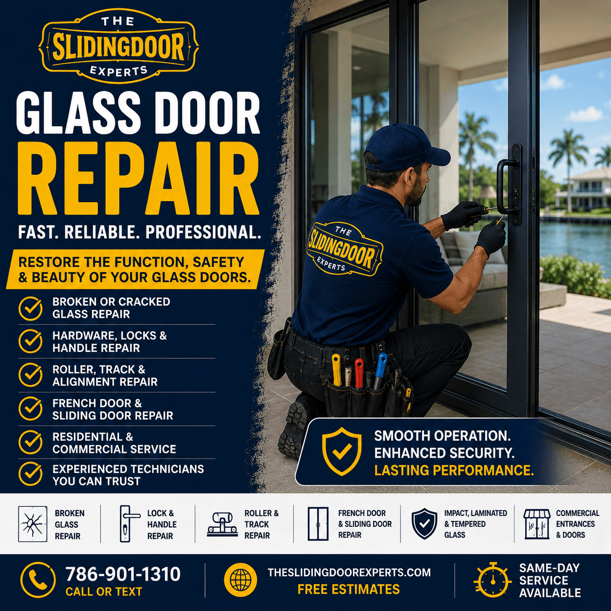 Professional glass door repair technician servicing a glass door in South Florida