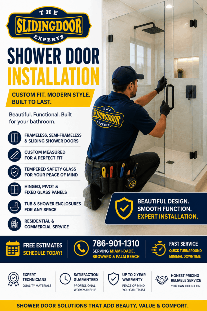 Professional shower door installation with custom frameless tempered glass by The Sliding Door Experts in South Florida.