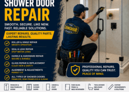 Shower door repair technician repairing a frameless glass shower door in South Florida