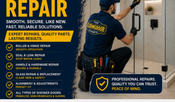 Shower door repair technician repairing a frameless glass shower door in South Florida