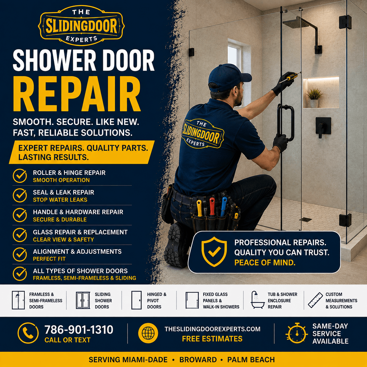 Shower door repair technician repairing a frameless glass shower door in South Florida