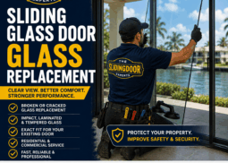 Technician performing sliding glass door glass replacement with laminated safety glass in South Florida