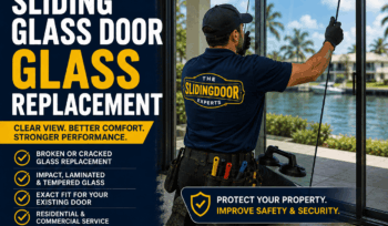 Technician performing sliding glass door glass replacement with laminated safety glass in South Florida