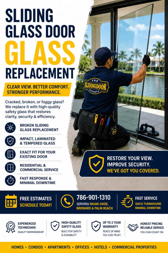 Technician replacing sliding glass door glass at a South Florida home