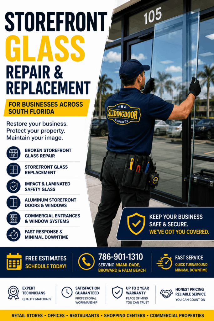 Technician performing commercial storefront glass replacement for a business in South Florida.