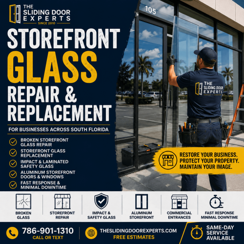 Commercial storefront glass repair and replacement technician installing a new storefront glass panel for a business in South Florida.
