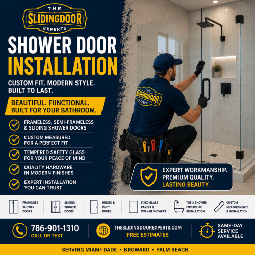 Professional shower door installation with custom frameless glass enclosure in South Florida by The Sliding Door Experts