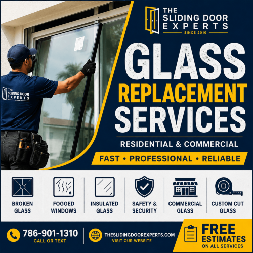 Technician replacing window glass for residential and commercial glass replacement services in Miami-Dade, Broward, and Palm Beach Counties.