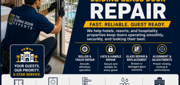 Hotel sliding glass door repair technician servicing a balcony door at a South Florida hospitality property.