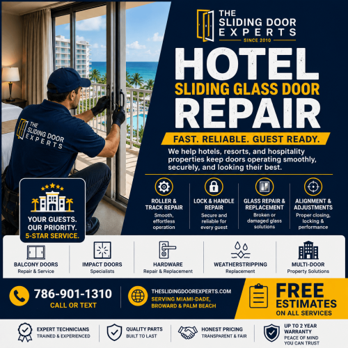 Hotel sliding glass door repair technician servicing a balcony door at a South Florida hospitality property.