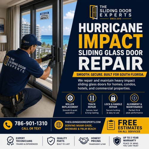 Technician performing hurricane impact sliding glass door repair at a South Florida property