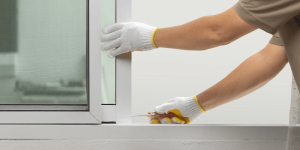 Technician adjusting an impact sliding glass door for proper alignment and operation