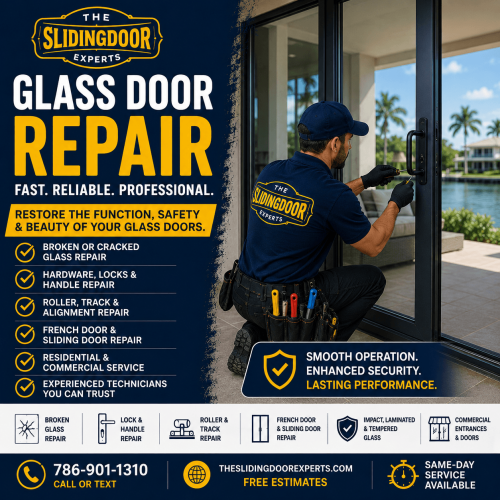 Professional glass door repair technician servicing a glass door in South Florida