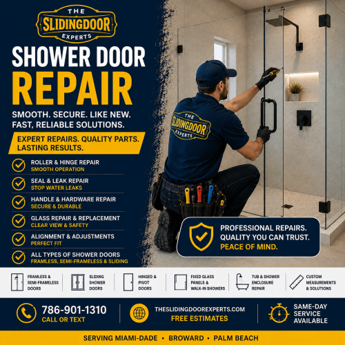 Shower door repair technician repairing a frameless glass shower door in South Florida