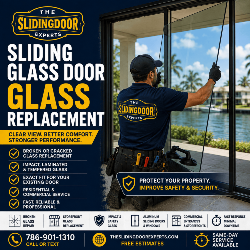 Technician performing sliding glass door glass replacement with laminated safety glass in South Florida