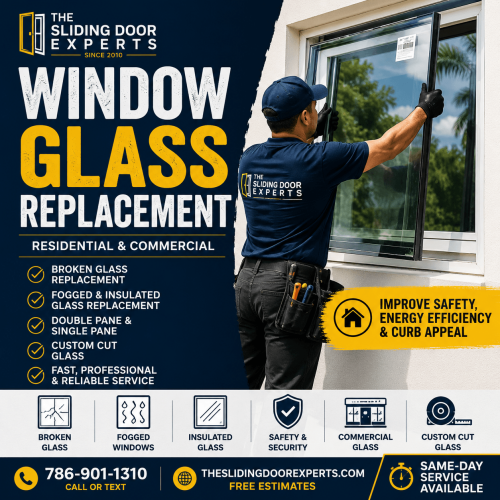Technician replacing a residential window glass panel during a professional window glass replacement service in South Florida.